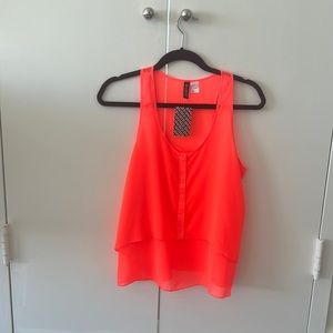 Tag on! Partially sheer, 5-button neon crop top / high-low  blouse